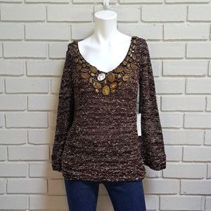 Vertigo Paris Brown/Cream Stone Detail V-Neck Sweater. Size Small NWT